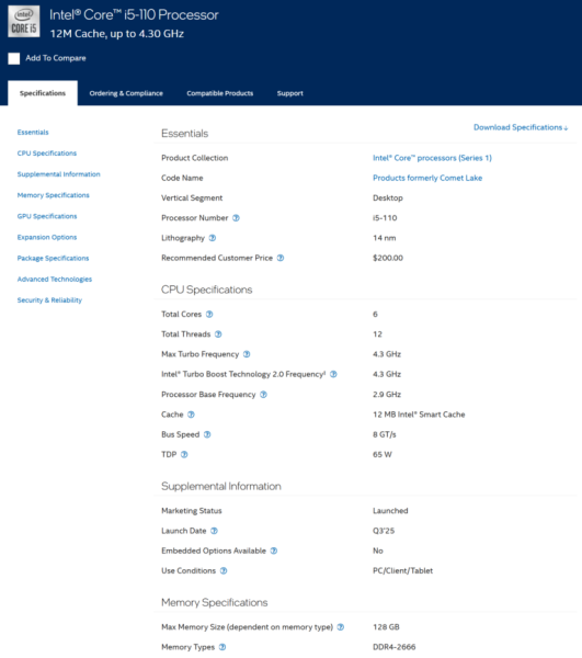 Intel воскресила легендарный шестиядерник Core i5-10400 под новым именем Core i5-110
