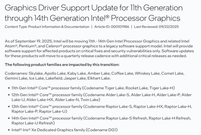 Intel признала устаревшей встроенную графику Tiger Lake, Rocket Lake, Alder Lake и Raptor Lake — драйверы будут выходить реже