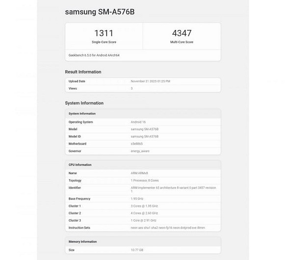 Galaxy A57 засветился в Geekbench с новым чипом Exynos 1680